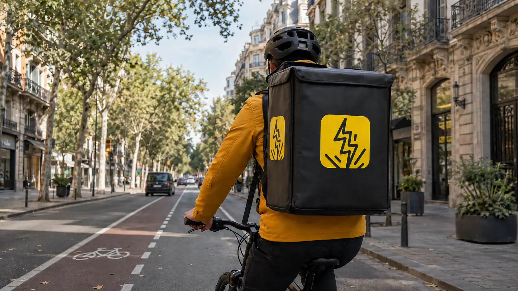 Repartidor de CBR Express en bicicleta por una avenida del Eixample de Barcelona