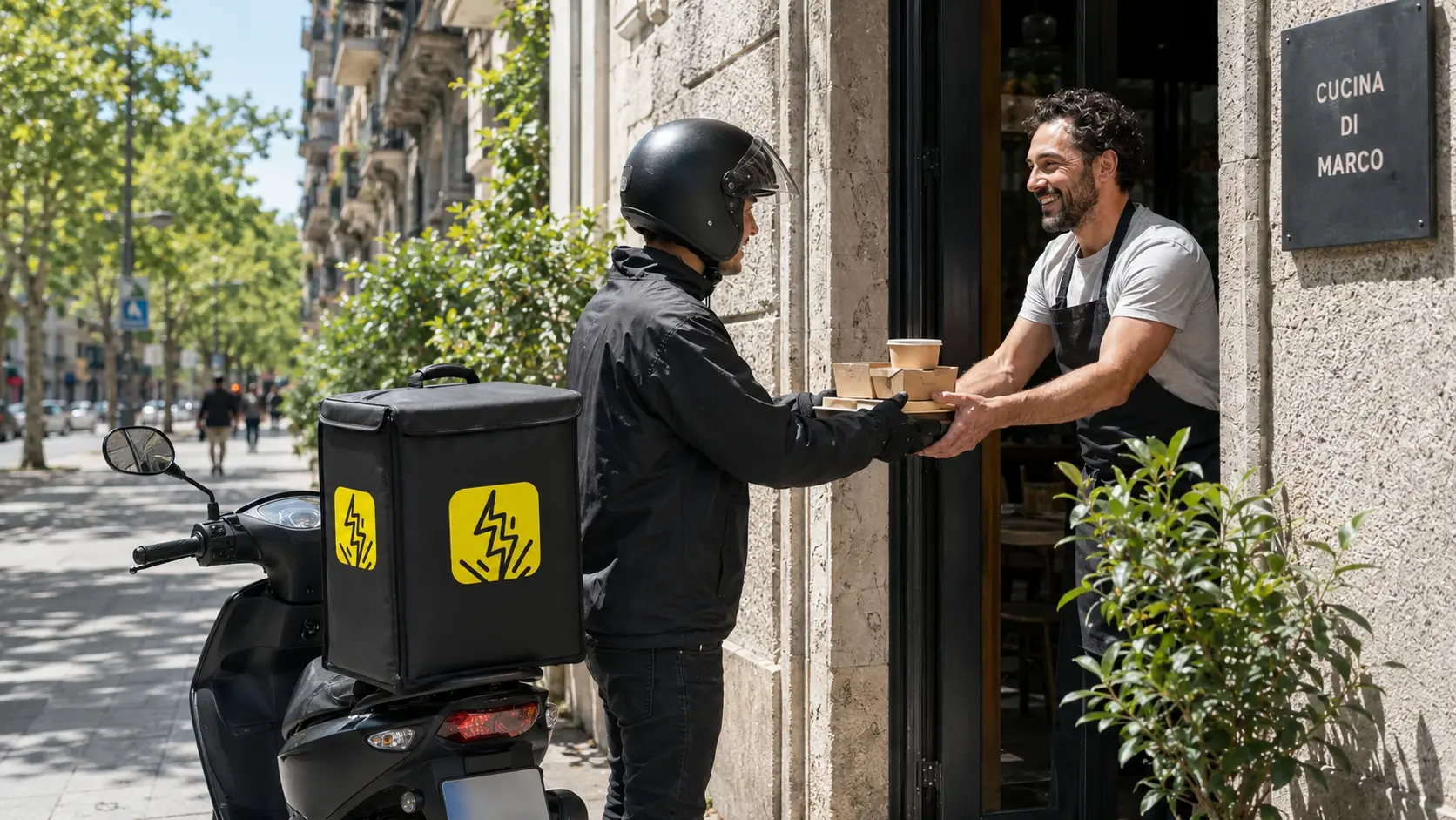 Repartidor de CBR Express recogiendo un pedido en la cocina de un restaurante de Barcelona